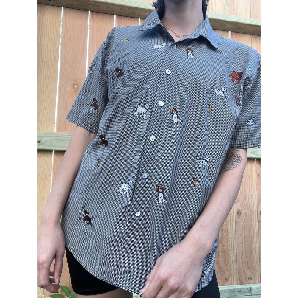 90s Teddi Gingham Puppy Themed Button Down Large